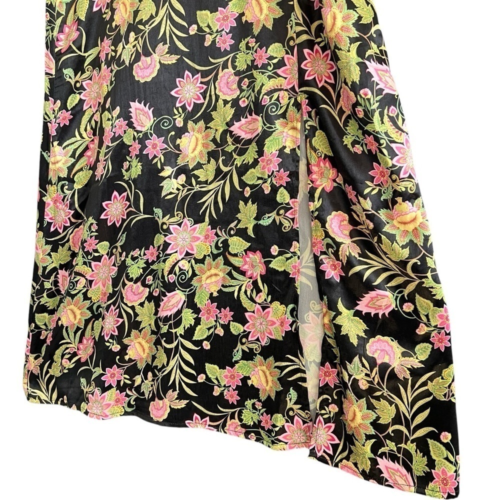 NSR Maxi Dress Satin Polyester Floral Black Pink Green Side Slit Size Small - Picture 4 of 12